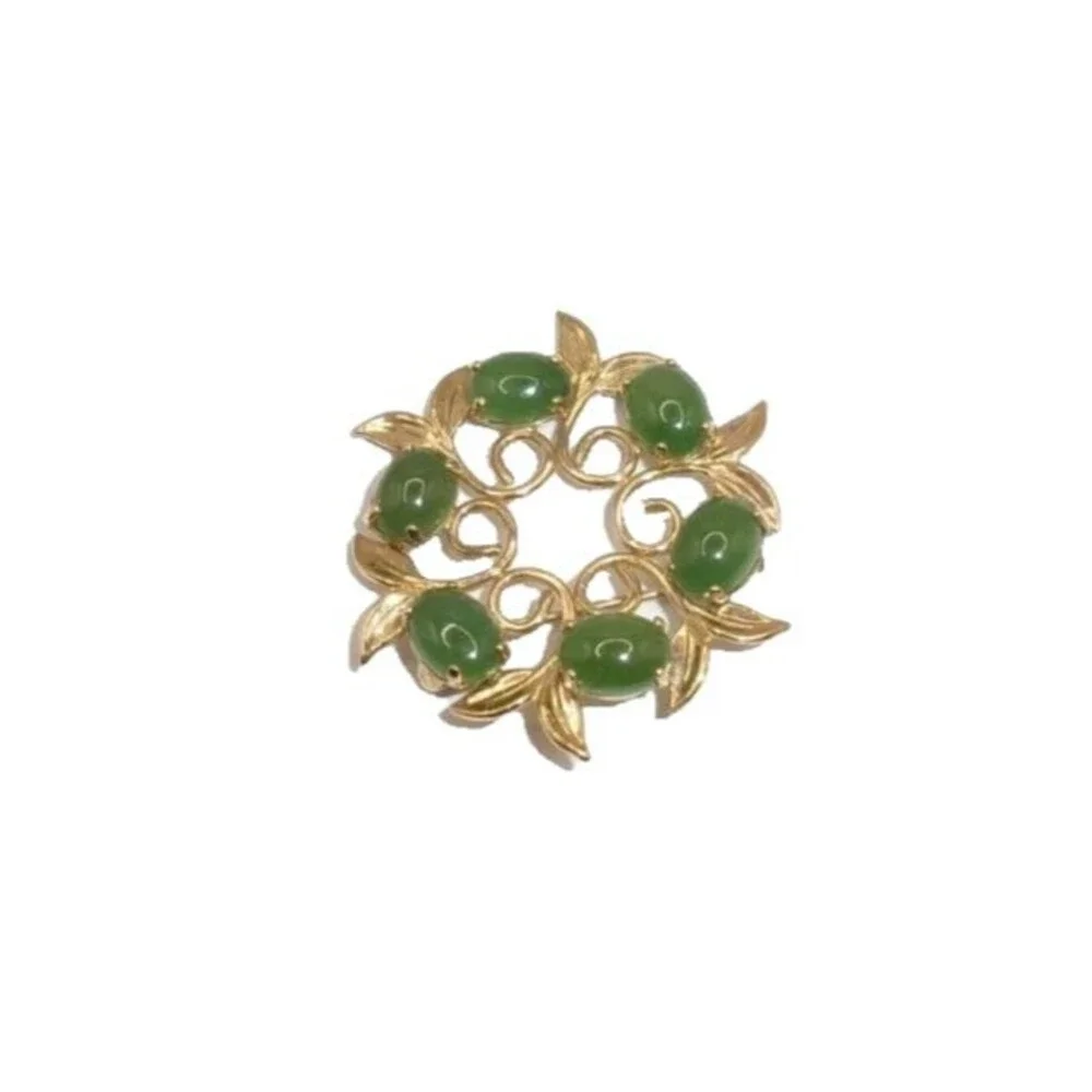 Green Gemstone Circle Pin Brooch w/ Leaves 12K Gold Filled Signed CC? 1.25 inch